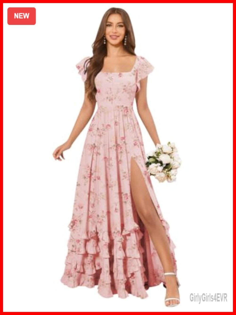 Tiered Chiffon Bridesmaid Dress Flutter Sleeve Square Neck Maxi Wedding Guest